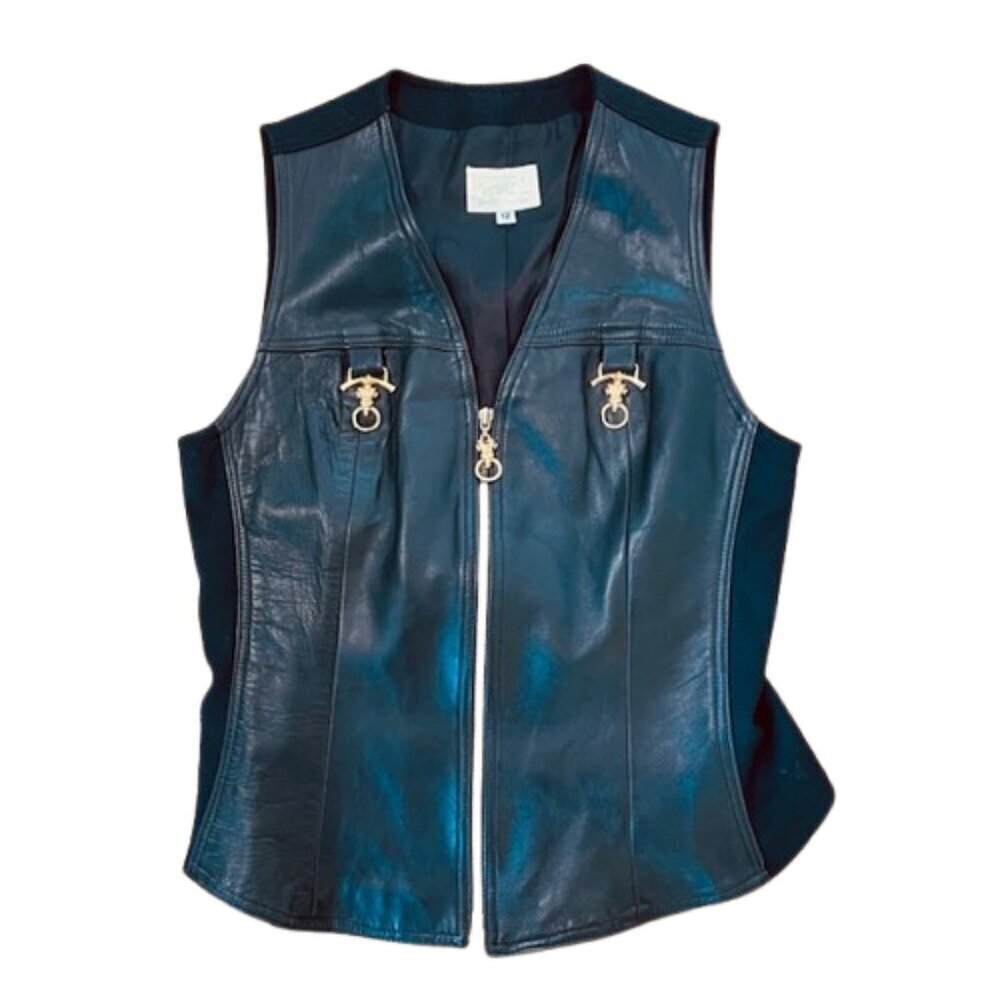 Alberto Makali Leather Rams Head Black & Gold Hardware Vest 12